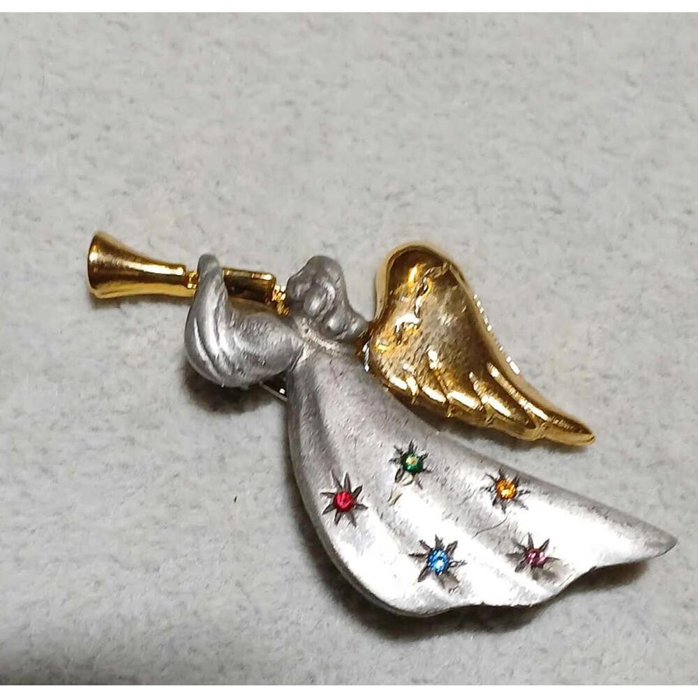Heralding Angel Brooch Silver Gold Tone Multi Rhinestone Starburst